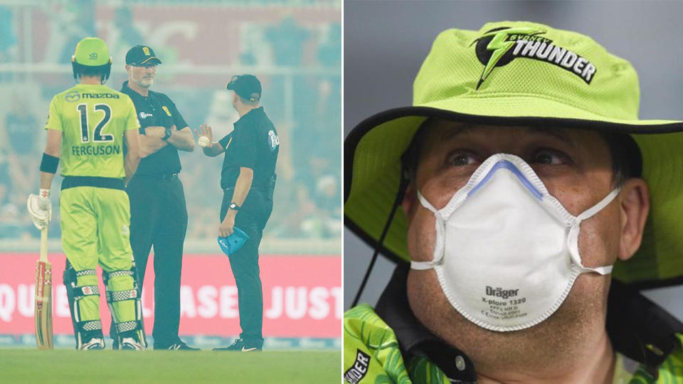 The match between the Sydney Thunder and Adelaide Strikers in Canberra was cancelled due to player and fan (pictured right) safety. (Images: Getty Images/AAP)