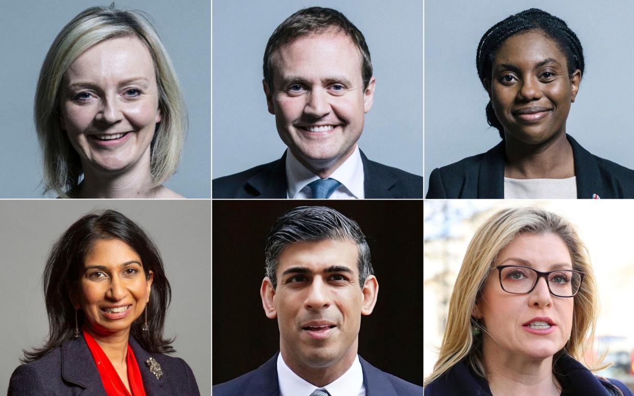 The six candidates in the Conservative Party leadership race, top from left, Liz Truss, Tom Tugendhat, Kemi Badenoch. Bottom from left, Suella Braverman, Rishi Sunak and Penny Mordaunt