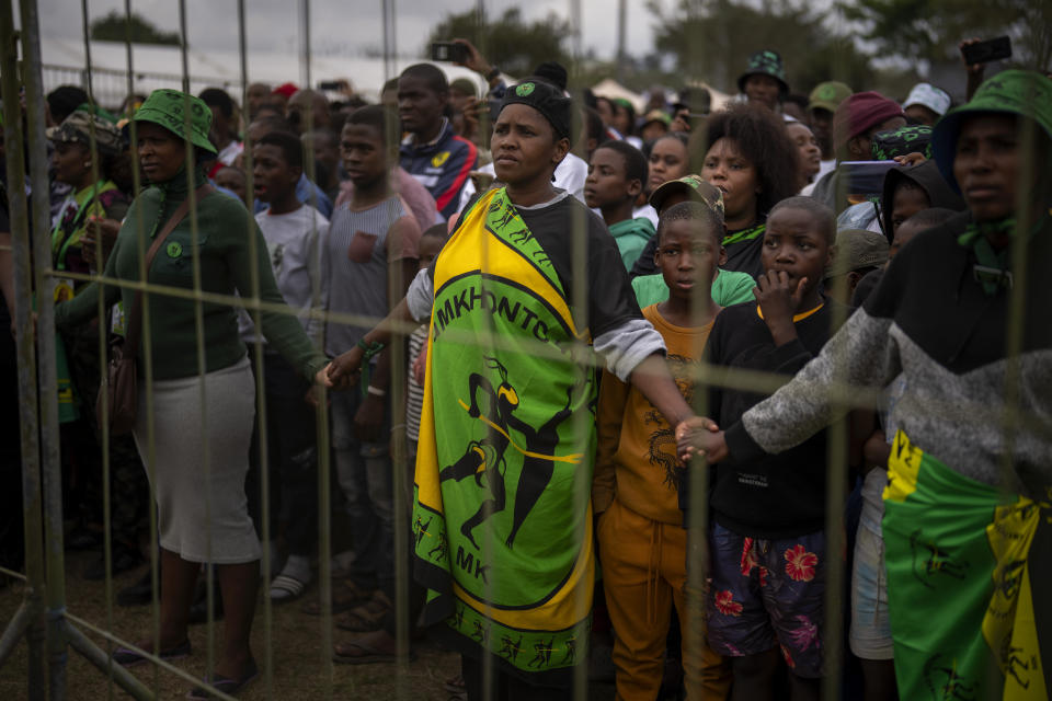 Supporters of Ukhonto weSizwe party attend an election meeting in Mpumalanga, near Durban, South Africa, Saturday, May 25, 2024, in anticipation of the 2024 general elections scheduled for May 29. (AP Photo/Emilio Morenatti)