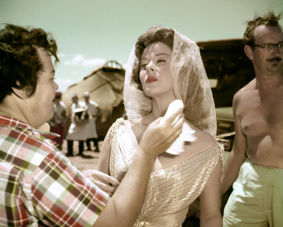 Susan Hayward on location during filming for 'The Conqueror', directed by Dick Powell, Utah, 1955