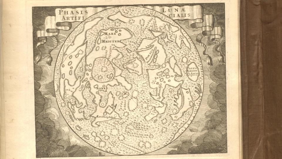 sketch of the moon showing highlands circled against darker lowlands