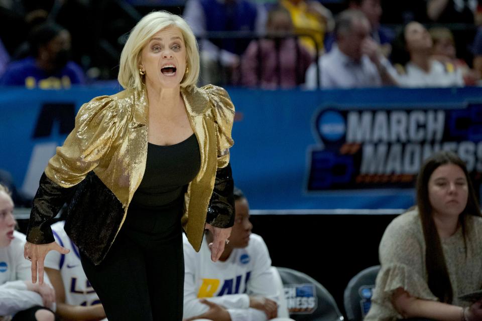 LSU head coach Kim Mulkey calls to her team in the first half of a women's college basketball game against Jackson State.