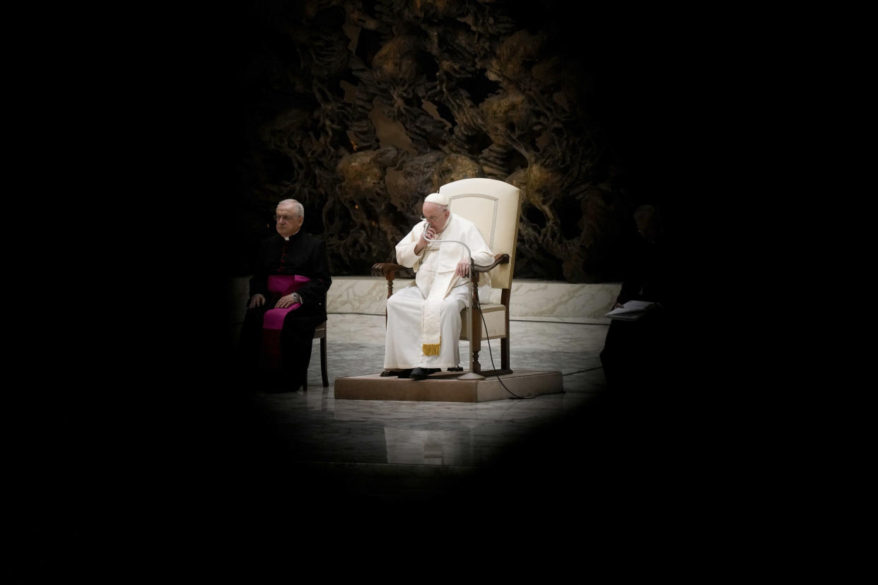 Pope Francis pauses during his weekly general audience in the Pope Paul VI hall at the Vatican, Wednesday, Jan. 4, 2023. (AP Photo/Andrew Medichini)