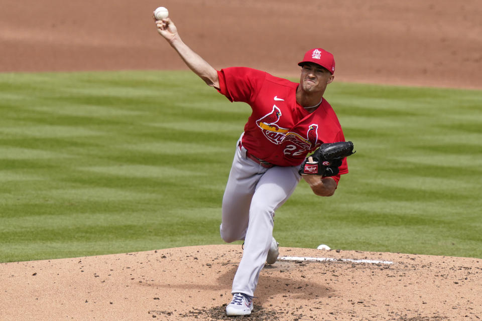 St. Louis Cardinals starting pitcher Jack Flaherty throws during the second inning of a spring training baseball game against the Washington Nationals, Wednesday, March 10, 2021, in West Palm Beach, Fla. (AP Photo/Lynne Sladky)