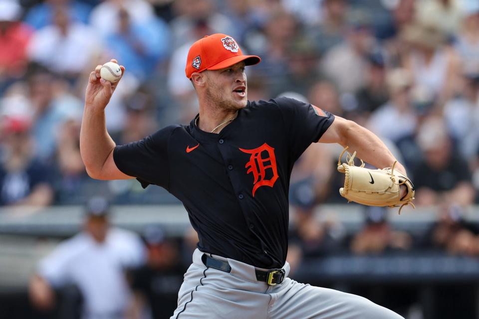 Detroit Tigers starting pitcher Matt Manning throws a pitch against the New York Yankees in the first inning at George M. Steinbrenner Field on Sunday, March 3, 2024, in Tampa, Florida.