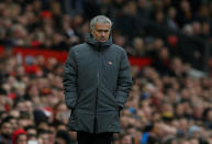 <p>Manchester United manager Jose Mourinho looks on</p>