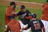 Washington Nationals' Trea Turner, center, celebrates after a baseball game against the Philadelphia Phillies, Monday, Sept. 21, 2020, in Washington. (AP Photo/Nick Wass)