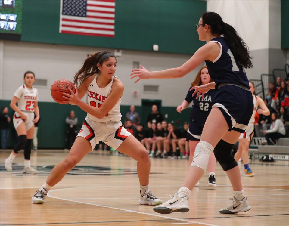 Tuckahoe's Olivia Mondrone (45) works against Yonkers Montessori's Ana Ndoci (14) in the girls Section 1 Class C championship basketball game at Yorktown High School in Yorktown Heights on Saturday, March 5, 2022.