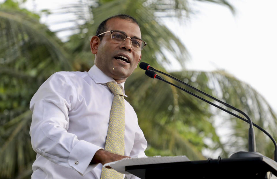 Maldives’ former president Mohamed Nasheed, addresses the public in Male, Maldives, Thursday, Nov.1, 2018. Nasheed, the first democratically elected president of the Maldives returned home Thursday after more than two years in exile to escape a long prison term. (AP Photo/Mohamed Sharuhaan)