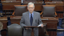 In this image from video, Senate Majority Leader Mitch McConnell of Ky., speaks after the Senate received the articles of impeachment against President Donald Trump from the House of Representatives at the Capitol in Washington, Wednesday, Jan. 15, 2020. (Senate Television via AP)