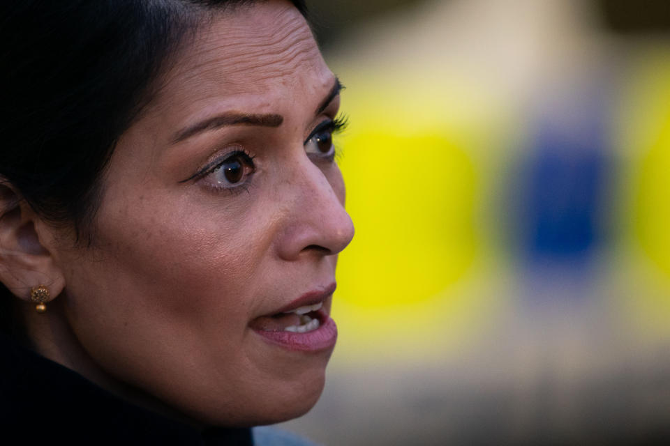 Home Secretary Priti Patel during a foot patrol with new police recruits around Bishop's Stortford, Hertfordshire. Picture date: Thursday January 28, 2021.