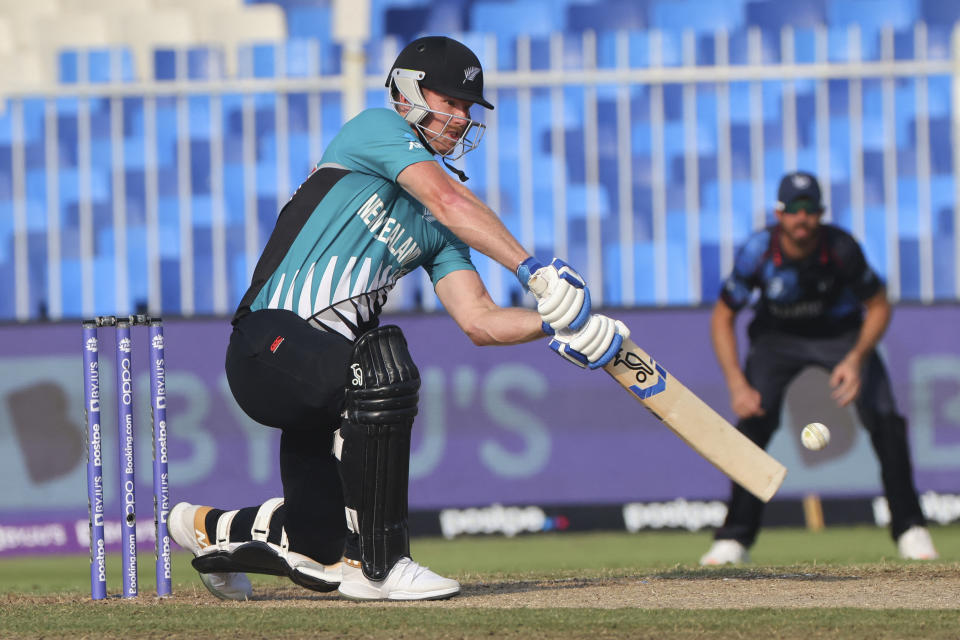 Pictured here, New Zealand's Jimmy Neesham plays a shot during T20 World Cup match against Namibia.