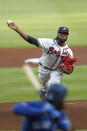 Atlanta Braves pitcher Touki Toussaint works in the first inning of a baseball game against the Toronto Blue Jays, Thursday, Aug. 6, 2020, in Atlanta. (AP Photo/John Bazemore)