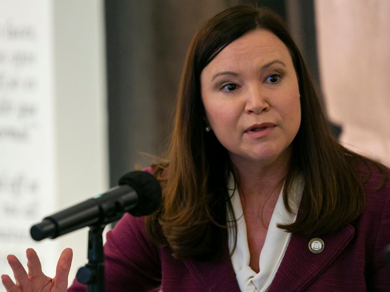 Florida Attorney General Ashley Moody speaks during a roundtable discussion at the American Museum of the Cuban Diaspora in Miami.