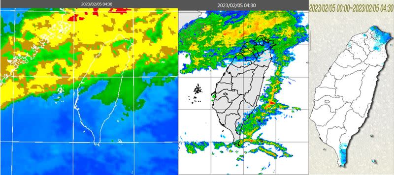 圖：5日4:30觀測資料顯示，華南鋒前雲系東移(左圖)、伴隨降水回波(中圖)，苗栗以北及東半部受影響(右圖)。