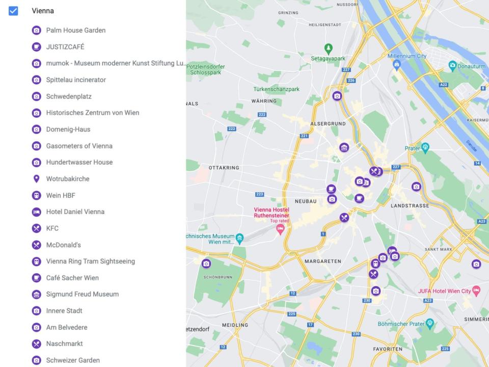 A Google Map of Vienna with a while panel listing destinations on the left