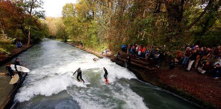 Men surf on the Eisbach river at the English Garden during a sunny autumn day in downtown Munich October 31, 2014. REUTERS/Michael Dalder