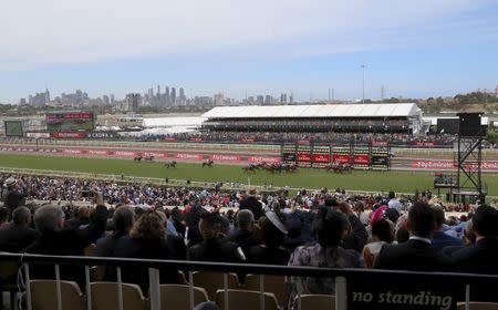 A general view of Race 3 during the JB Cummings AM Tribute Plate won by De Little Engine ridden by Chad Schofield during the Melbourne Cup race day at Flemington Racecourse in Melbourne, Victoria November 3, 2015. REUTERS/Hamish Blair