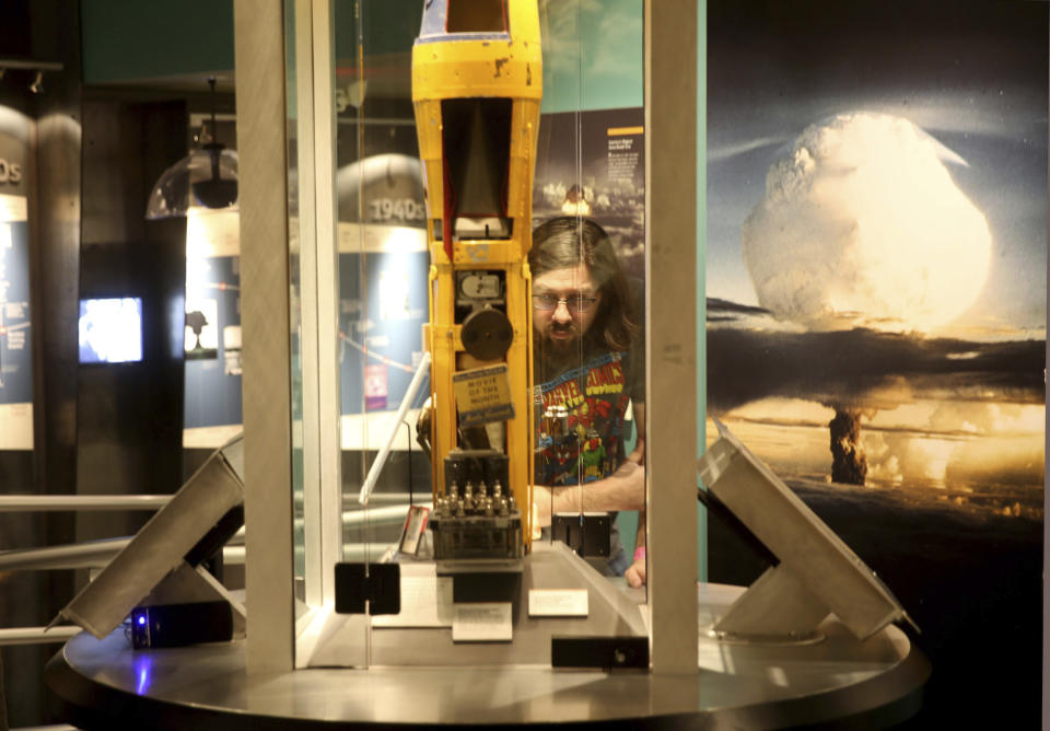 In this Monday, June 10, 2019 photo, a visitor tours the National Atomic Testing Museum in Las Vegas. Officials at the museum say they have outgrown their space east of the Las Vegas Strip and is looking for a new location to expand its nuclear testing exhibits. (K.M. Cannon/Las Vegas Review-Journal via AP)