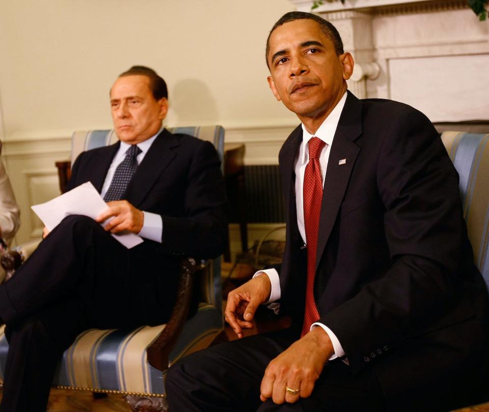 President Barack Obama and Prime Minister Silvio Berlusconi. <a href="https://www.gettyimages.com/detail/news-photo/president-barack-obama-meets-with-italian-prime-minister-news-photo/88501434?adppopup=true" rel="nofollow noopener" target="_blank" data-ylk="slk:Win McNamee/Getty Images;elm:context_link;itc:0;sec:content-canvas" class="link ">Win McNamee/Getty Images</a>