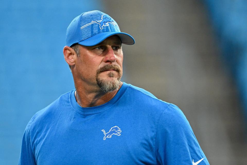 Lions coach Dan Campbell watches his team during a preseason game against the Panthers on Friday, Aug. 25, 2023, in Charlotte, North Carolina.