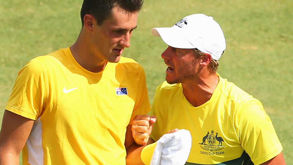 Bernard Tomic and Lleyton Hewitt in 2016. (Photo by Quinn Rooney/Getty Images)