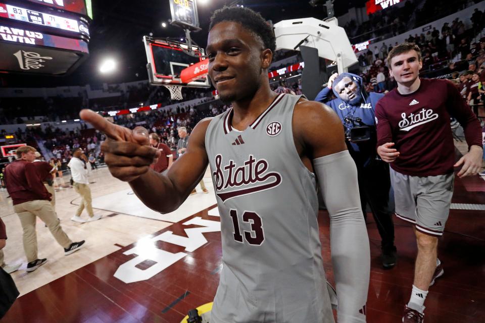 Feb 21, 2024; Starkville, Mississippi, USA; Mississippi State Bulldogs guard Josh Hubbard (13) reacts toward fans after defeating the Mississippi Rebels at Humphrey Coliseum. Mandatory Credit: Petre Thomas-USA TODAY Sports