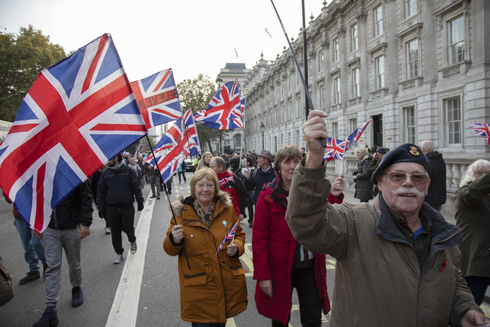 Pro Brexit anti European Union Leave protesters demonstrating in Westminster on what, prior to another Brexit Day extension, would have been the day the UK was scheduled to leave the EU, and instead political parties commence campaigning for a General Election on 31st October 2019 in London, England, United Kingdom. Brexit is the scheduled withdrawal of the United Kingdom from the European Union. Following a June 2016 referendum, in which 51.9% of participating voters voted to leave. (photo by Mike Kemp/In Pictures via Getty Images)