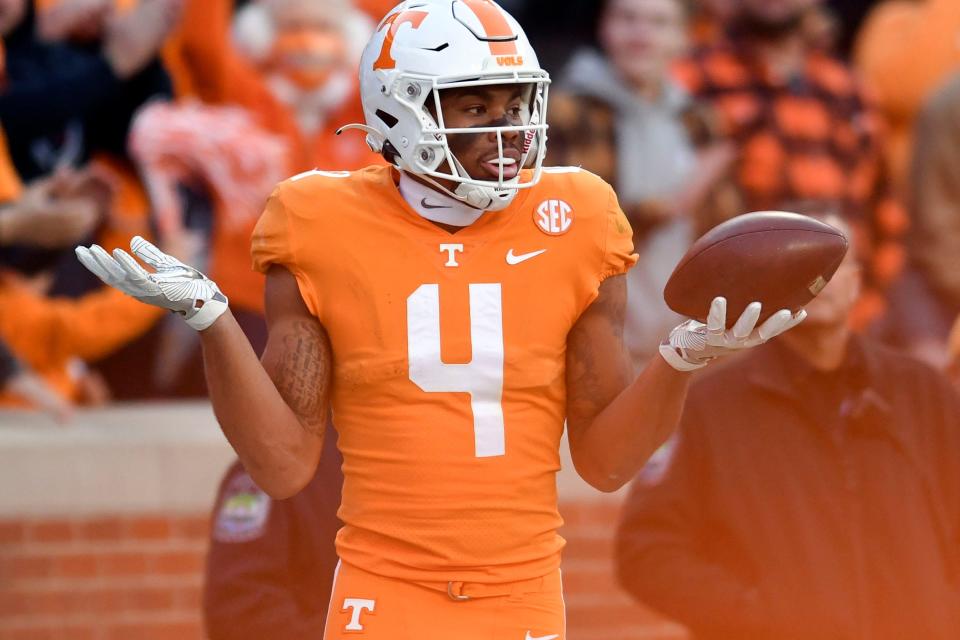 Tennessee wide receiver Cedric Tillman (4) celebrates after scoring a touchdown in the NCAA college football game between the Tennesse Volunteers and Vanderbilt Commodores in Knoxville, Tenn. on Saturday, November 27, 2021. 