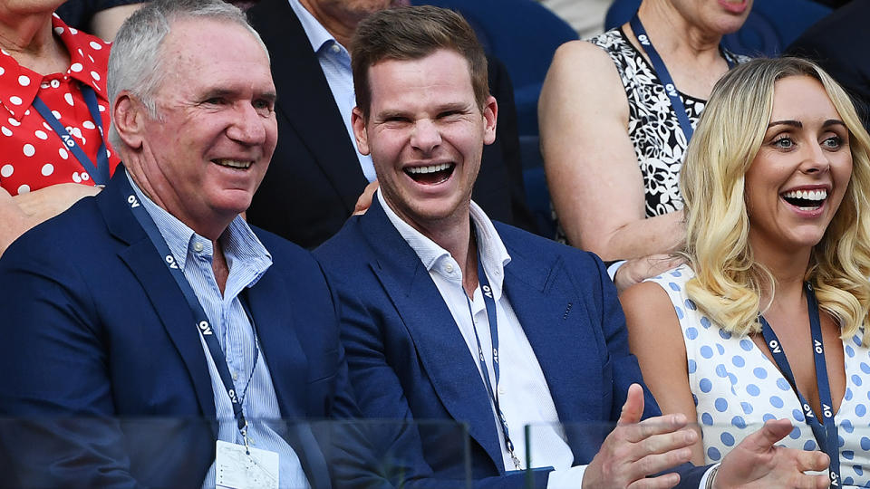 Allan Border, Steve Smith and Dani Willis, pictured here at the Australian Open in January.