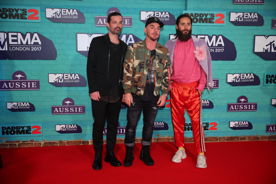 Rock band 30 seconds to Mars of the U.S. arrive at the 2017 MTV Europe Music Awards at Wembley Arena in London.