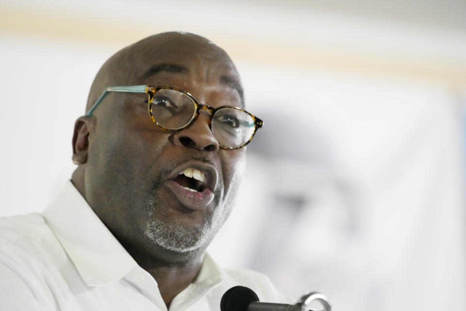 Democrat Larry Bradford, candidate for Mississippi State Auditor in November addresses the crowd at the Neshoba County Fair in Philadelphia, Miss., Thursday, July 27, 2023. (AP Photo/Rogelio V. Solis)