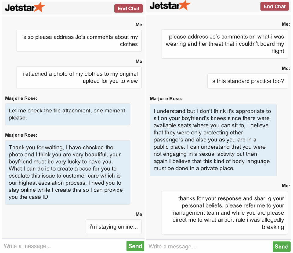 Screenshots of Serah's interaction with Jetstar customer complaints online service. Photo: Supplied