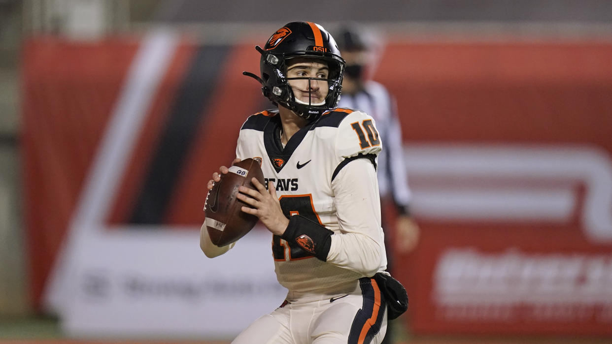 Oregon State quarterback Chance Nolan (10) will play his sixth college football season for TCU. (AP Photo/Rick Bowmer)