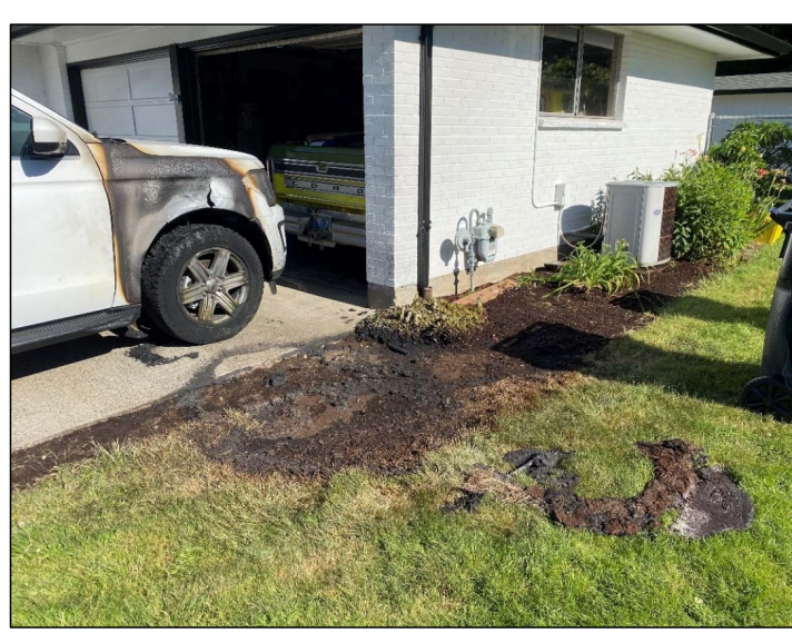 A 2021 Ford Expedition owned by Paul Rich of Oregon is pictured in this photo as part of a lawsuit against Ford Motor Co., amended on July 12, 2022. The vehicle, built in December 2021 and purchased in March 2022, spontaneously ignited in June 2022 and a passerby
called the local fire department to come extinguish the
flames before they spread to the home.