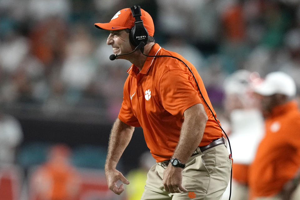 Clemson head coach Dabo Swinney reacts from the sideline during the second half of an NCAA college football game against Miami, Saturday, Oct. 21, 2023, in Miami Gardens, Fla. (AP Photo/Lynne Sladky)