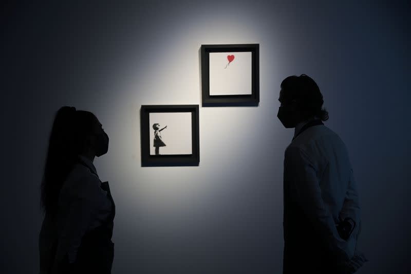 "Girl With Balloon" diptych by Banksy displayed ahead of upcoming auction at Christie's in London