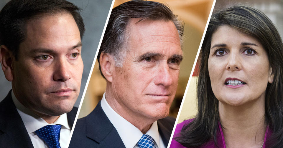 From left: Marco Rubio, Mitt Romney and Nikki Haley (Photos: Zach Gibson/Getty Images, Bill Clark/CQ Roll Call/Getty Images, Zach Gibson/Bloomberg via Getty Images)