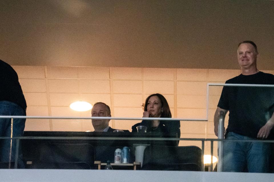 Vice President Kamala Harris attends the NCAA men's basketball tournament first round match-up between Kansas and Howard, on Thursday, March 16, 2023, at Wells Fargo Arena, in Des Moines, Iowa. 