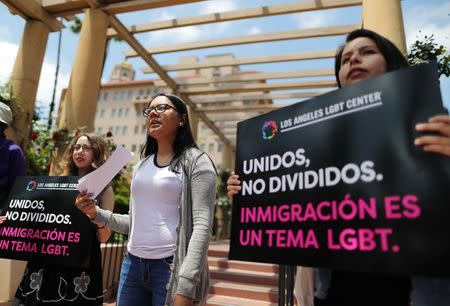 Protestors demonstrate against the termination of the Deferred Action for Childhood Arrivals (DACA) program outside the 9th Circuit Court of Appeals in Pasadena, California, U.S. May 15, 2018. REUTERS/Lucy Nicholson