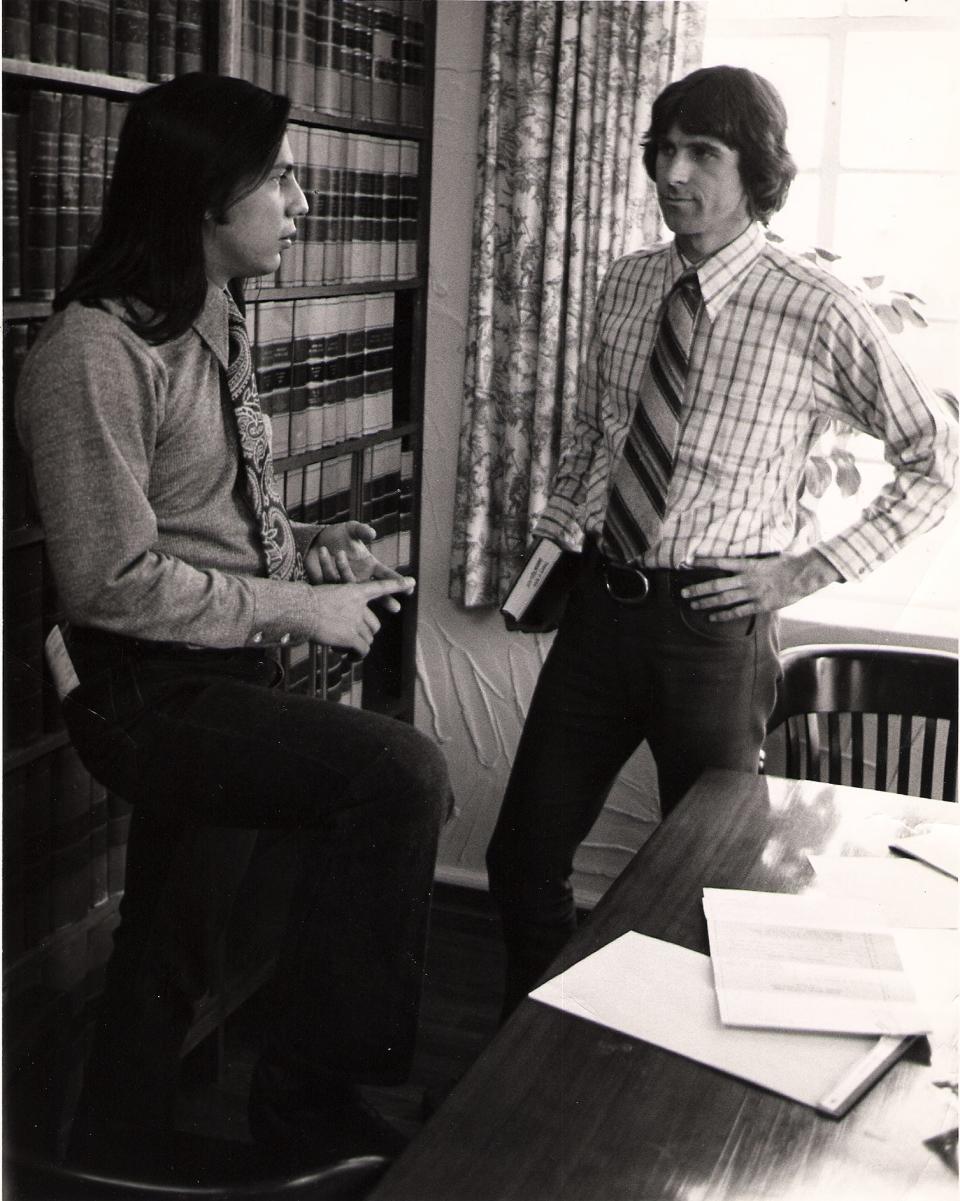 Native American Rights Fund co-founders John Echohawk, left, and David Getches discuss strategy in this undated photo.