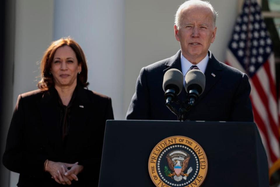 U.S. President Joe Biden delivers remarks, alongside U.S Vice President Kamala Harris, after signing H.R. 55, the “Emmett Till Antilynching Act” in the Rose Garden of the White House on March 29, 2022 in Washington, DC. (Photo by Anna Moneymaker/Getty Images)