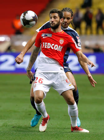 Soccer Football - Coupe de la Ligue Semi Final - AS Monaco vs Montpellier - Stade Louis II, Monaco - January 31, 2018 Monaco's Gabriel Boschilia in action with Montpellier’s Daniel Congre REUTERS/Eric Gaillard