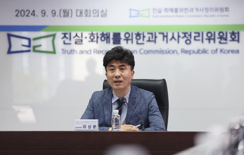 Lee Sang Hoon, a standing commissioner, speaks to the media during a news conference at the Truth and Reconciliation Commission in Seoul, South Korea, Monday, Sept. 9, 2024. (Im Hwa-young/Yonhap via AP)