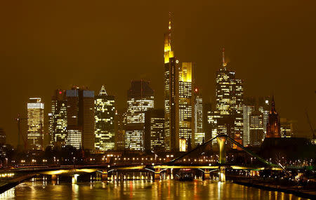 FILE PHOTO: The famous skyline with its banking district is pictured in early evening next to the Main River in Frankfurt, Germany, January 19, 2016. REUTERS/Kai Pfaffenbach/File Photo