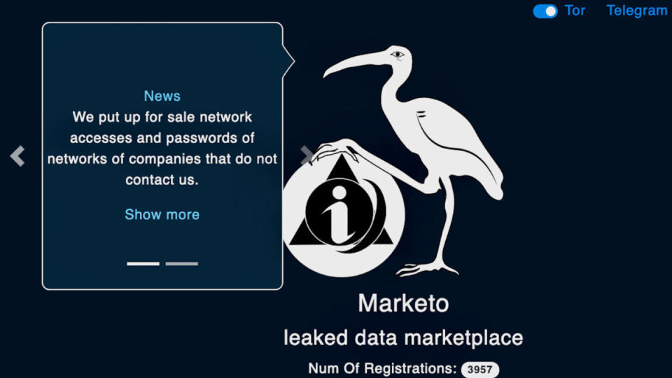 A screen shot from the dark web leak site of Marketo.