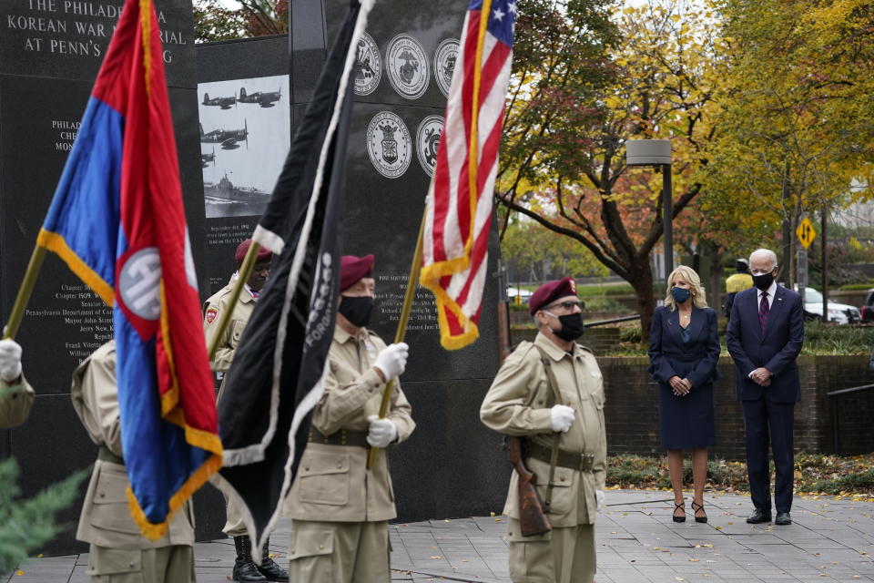 President-elect Joe Biden and Jill Biden, attend a service at the Philadelphia Korean War Memorial at Penn’s Landing on Veterans Day, Wednesday, Nov. 11, 2020, in Philadelphia. (AP Photo/Alex Brandon)