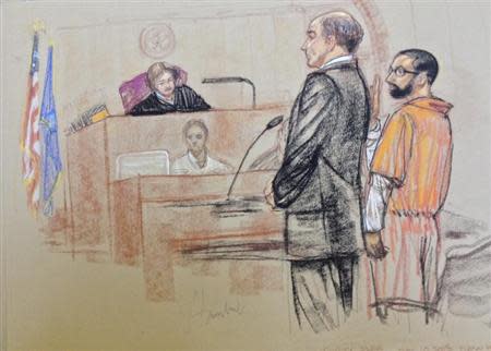 Syed Talha Ahsan (R), a British national accused of operating a website that promoted jihad and supported al Qaeda, is pictured as he plead guilty in this courtroom sketch in U.S. District Court in New Haven, Connecticut December 10, 2013. U.S. prosecutors said that Ahmad Babar and Ahsan ran the website that raised funds for Muslim militants in Afghanistan and Chechnya. The two were extradited to the United States from Britain last year. REUTERS/Janet Hamlin