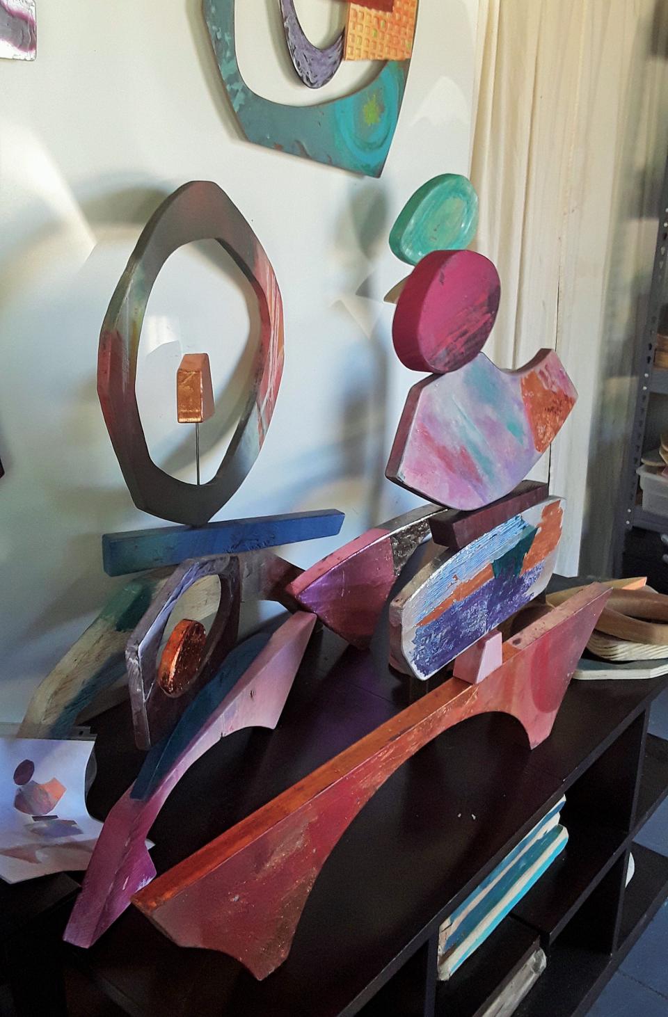 More interactive artwork from Kimberlee Rocca can be found in her studio, such as these wooden “play sculpture” pieces that allow the viewer to design their own sculpture.