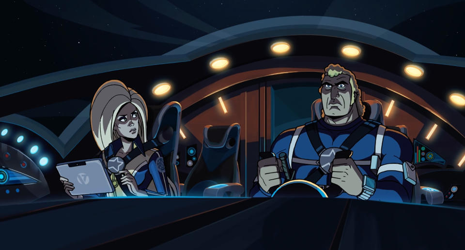 THE VENTURE BROS. SPECIAL, 'All This and Gargantua-2' l-r: Amber Gold (voice: Paget Brewster), Brock Sampson (voice: Patrick Warburton) (aired January 20, 2015). ©Cartoon Network/Adult Swim/courtesy Everett Collection